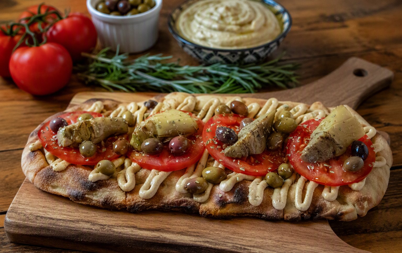 Pinsa con pomodoro, olive e capperi